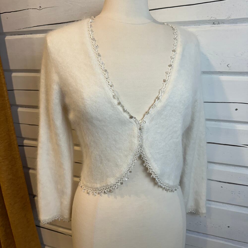 Vintage Phase Eight Angora Cardigan Bolero Ivory Rhinestone Trim Sz 14